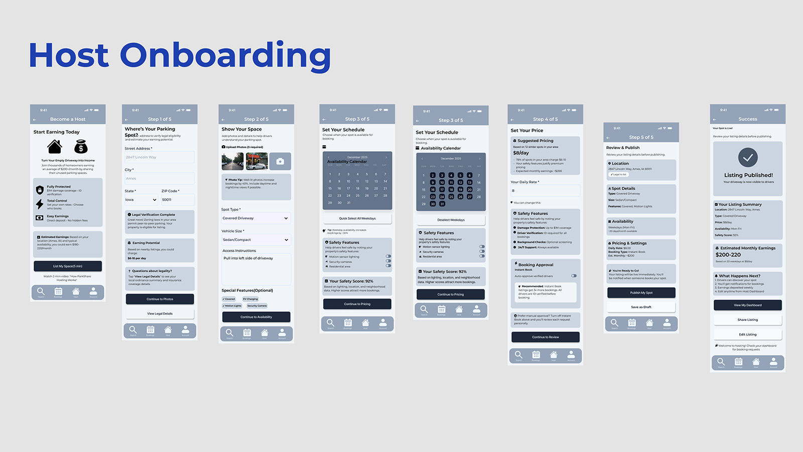 ParkShare Greyscale Host Onboarding Flow