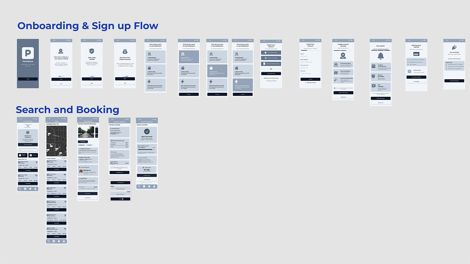 ParkShare Greyscale Onboarding, Search and Booking