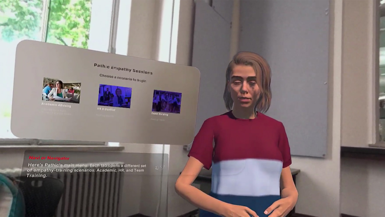 Pathic MR Screenshot showing spatially anchored AI character in mixed reality environment