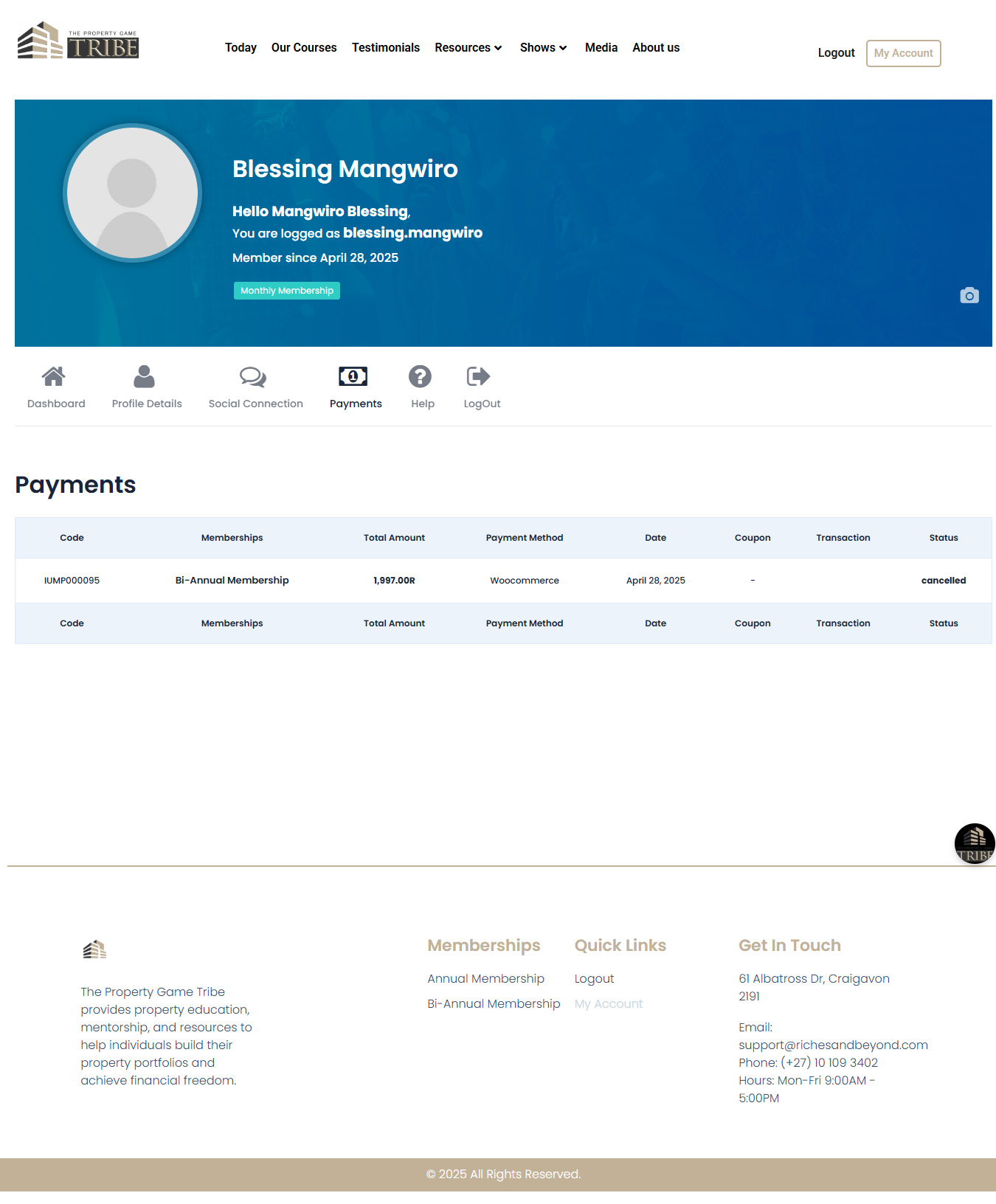 High-fidelity, live member account page on The Property Game Tribe.