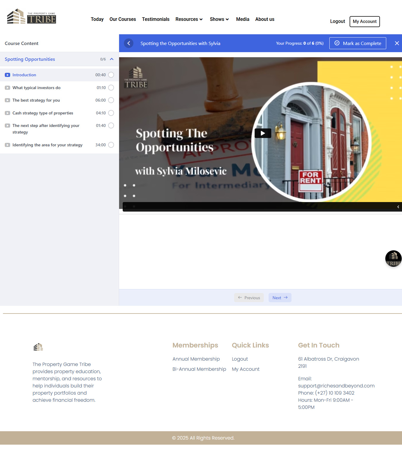 High-fidelity, live video lesson player on The Property Game Tribe.