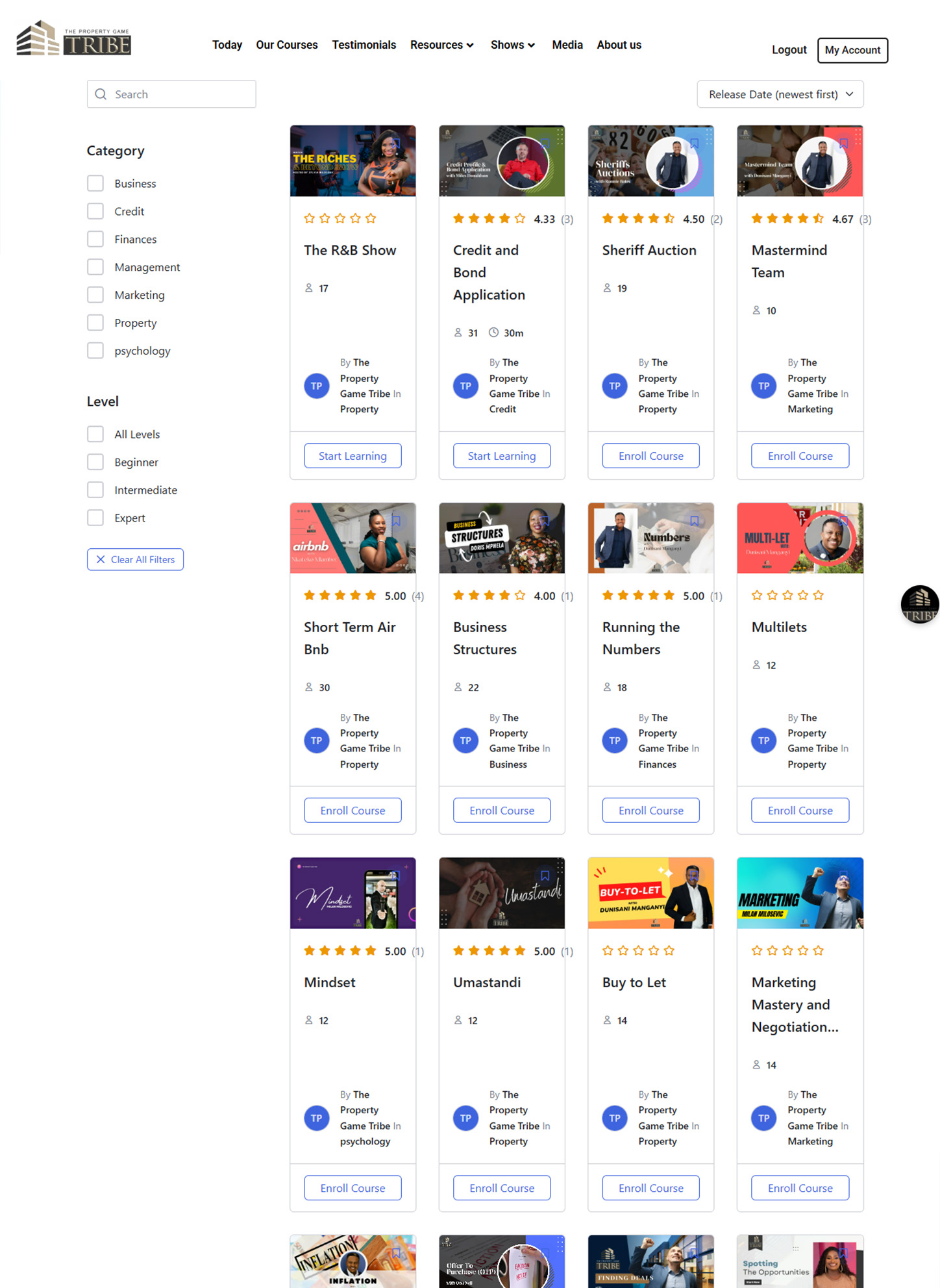 The live Property Game Tribe course catalog, showing category filters and course cards including Credit and Bond Application, Sheriff Auction, and Mastermind Team.