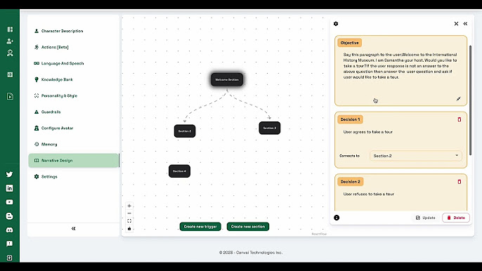 Convai Narrative Design editor showing branching conversation tree with Objective node connecting to Decision 1 and Decision 2 branches